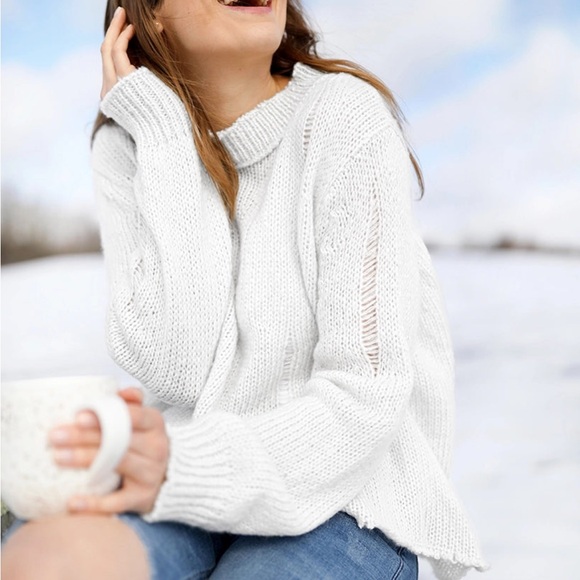 Wooden Ships Oliver Distressed Crew Sweater Chunky White Cream S/M - Picture 3 of 11